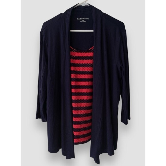 Croft & Barrow Mock-Layer Print Cardigan Sz XL 3/4 Sleeves Navy Striped Tank NWT - Picture 1 of 8
